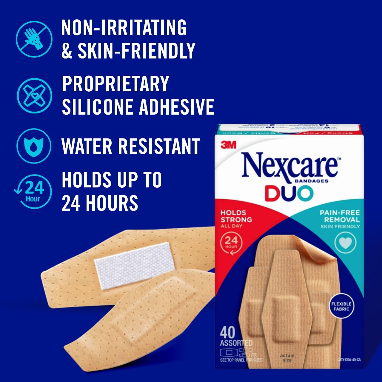 Nexcare Duo Bandages, Painless Removal, Strong Adhesive Bandages Stay on for 24 Hours, Flexible Fabric Construction - 40 Pack Assorted Sizes - Image 3